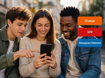 Trois jeunes adolescents regardent un smartphone avec les logos Orange, SFR et Bouygues Telecom à droite.