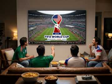 Quatre personnes regardent un match de la Coupe du Monde 2026 sur un écran de télévision dans un salon.