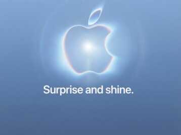 Logo Apple entouré d'un halo lumineux sur fond bleu avec le texte Surprise and shine.
