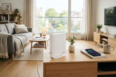 Box internet fibre blanche posée sur une table dans un salon moderne et lumineux.