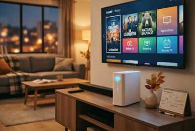 Box fibre blanche avec signal Wi-Fi allumé devant un téléviseur affichant une interface TV sur un bureau.