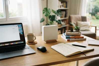 Box internet posée sur un bureau avec un ordinateur portable, des fournitures scolaires et un carnet.