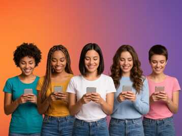 Cinq femmes de divers horizons debout côte à côte, regardant leurs smartphones respectifs sur fond dégradé.