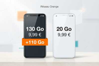 Comparaison de deux forfaits mobiles sur réseau Orange : 130 Go à 9,99 € contre 20 Go à 9,99 €, avec gain de 110 Go.