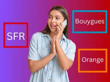 Une femme au téléphone entourée d'encadrés portant les noms SFR, Bouygues et Orange.