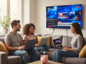 Trois personnes assises sur un canapé connectent leurs ordinateurs portables à une télévision murale.