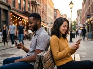 Un homme et une femme assis dos à dos sur un banc dans une rue commerçante, utilisant chacun un smartphone.