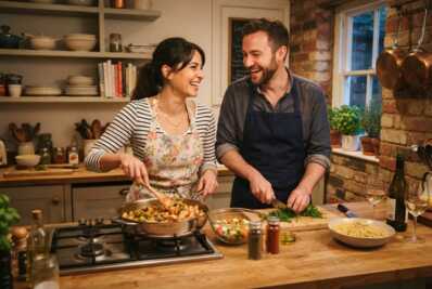 Un homme et une femme préparent un repas ensemble dans une cuisine.