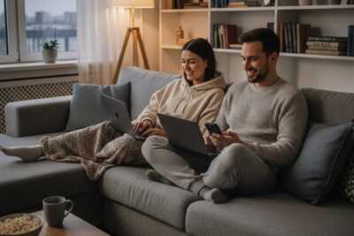 couple dans leur salon sur leur pc