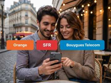 Couple regardant un smartphone avec les logos Orange, SFR et Bouygues Telecom affichés en bas.