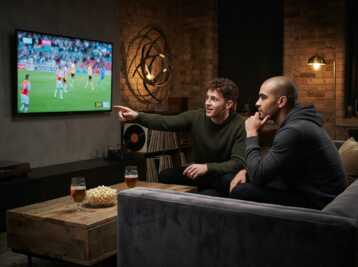 Deux hommes assis sur un canapé regardent un match de football à la télévision dans un salon.