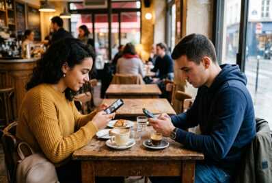 Deux personnes assises dos à dos, chacune utilisant un smartphone.