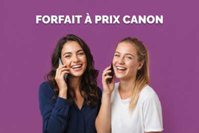 Deux personnes souriantes au téléphone avec le texte FORFAIT À PRIX CANON sur fond violet.