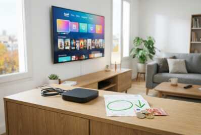 Smart TV avec interface de streaming, décodeur TV débranché, facture internet et pièces sur une table.