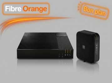 Décodeur TV et Livebox Orange sur fond gris avec les mentions Fibre Orange et Bon plan.