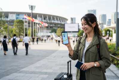 Smartphone affichant une carte du Japon devant un stade et des accessoires de voyage.
