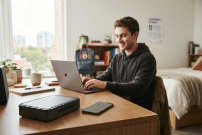 Étudiant travaillant sur un ordinateur avec un smartphone et une box internet sur son bureau.