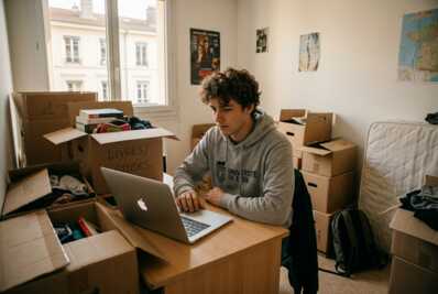 Étudiant s'installant dans un nouveau logement et se connectant à son ordinateur entouré de cartons.