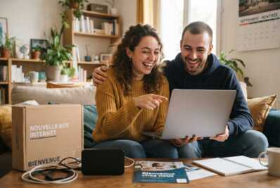 Deux jeunes souriants regardent un ordinateur portable lors de leur installation.