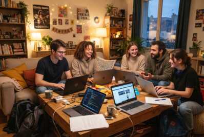 Groupe de jeunes travaillant sur des ordinateurs portables dans un salon.