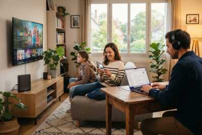 Famille utilisant des appareils connectés dans un salon avec une box internet.