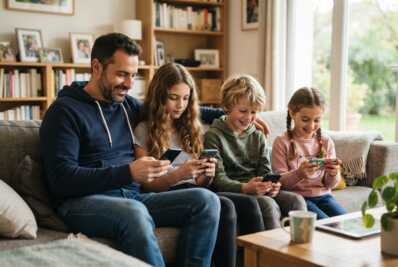 Un père et ses trois enfants regardent chacun leur smartphone.