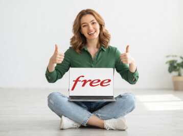 Une femme asiatique assise en tailleur dans un bureau moderne, tenant un ordinateur portable avec le logo Free.