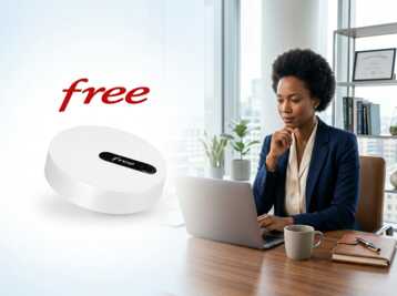 Une femme travaillant sur un ordinateur portable à un bureau avec un boîtier Free à côté.