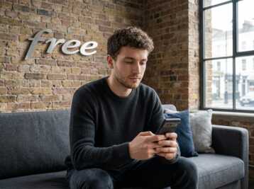 Une femme assise sur un canapé dans un bureau neutre, utilisant un smartphone.