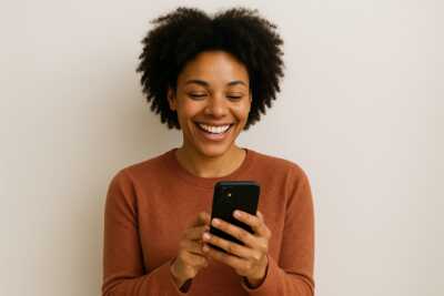 femme contente en consultant son smartphone