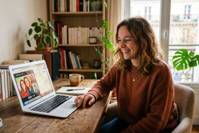 Jeune femme souriante regardant l'écran d'un ordinateur.