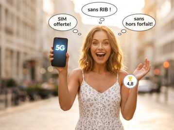 Femme en tenue d'été tenant un smartphone avec logo 5G et bulles de texte sur les avantages d'un forfait mobile.
