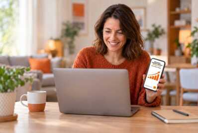 Femme souriante devant un ordinateur, tenant un smartphone affichant une offre de forfait mobile sur le réseau Orange.