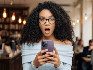 Femme aux cheveux bouclés portant des lunettes et tenant un iPhone 14 Pro devant un fond de bureau.
