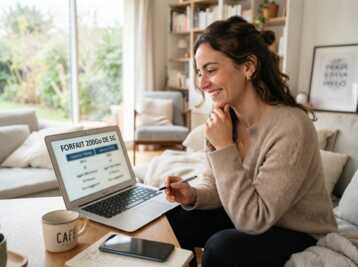 Femme souriante devant un ordinateur affichant un forfait 200Go 5G avec un smartphone posé sur la table.