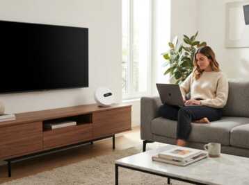 Femme utilisant un ordinateur portable sur un canapé près d'un modem posé sur un meuble sous une télévision éteinte.