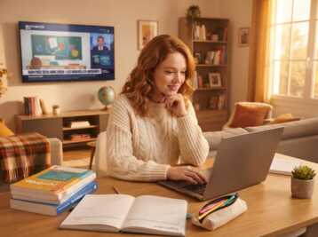 Femme travaillant sur un ordinateur portable dans un salon avec une télévision diffusant des informations sur la rentrée.