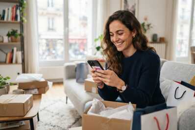Jeune femme souriante consultant son smartphone entourée de colis et sacs de shopping dans un intérieur moderne.