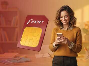 Une femme utilise un smartphone à côté d'une carte SIM Free grand format dans un bureau.