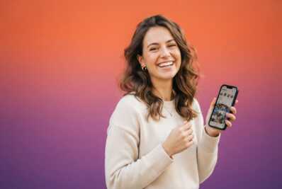 Jeune femme tenant un smartphone devant un fond dégradé orange et violet.