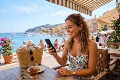 Une jeune femme regarde son smartphone en extérieur pendant l'été.