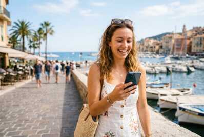 Une jeune femme souriante tenant un smartphone en extérieur durant l'été.