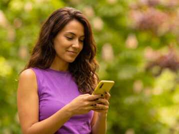 Une femme aux cheveux bruns portant un haut violet regarde un smartphone dans un parc.
