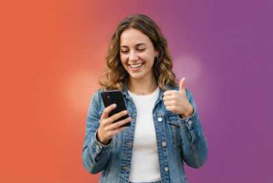 Jeune femme souriante faisant un geste de pouce levé tout en consultant un smartphone sur fond dégradé.