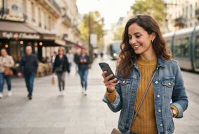 Une femme sourit en utilisant un smartphone dans une rue urbaine lumineuse.