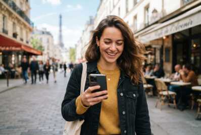 Jeune femme souriante tenant un smartphone dans la main.