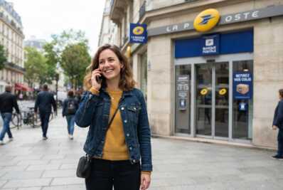 Femme souriante au téléphone debout devant une agence La Poste.