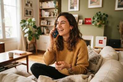 Une femme sourit en téléphonant dans un salon avec le logo SFR visible.