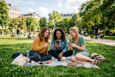 Trois jeunes femmes assises sur l'herbe dans un parc, utilisant chacune un smartphone.