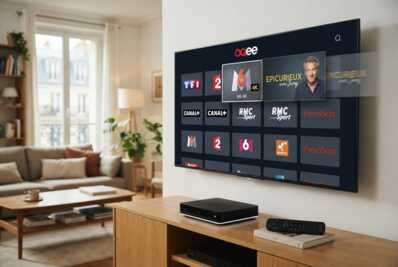 Télévision affichant l'interface Freebox avec les vignettes M6 4K et Epicurieux en retrait.